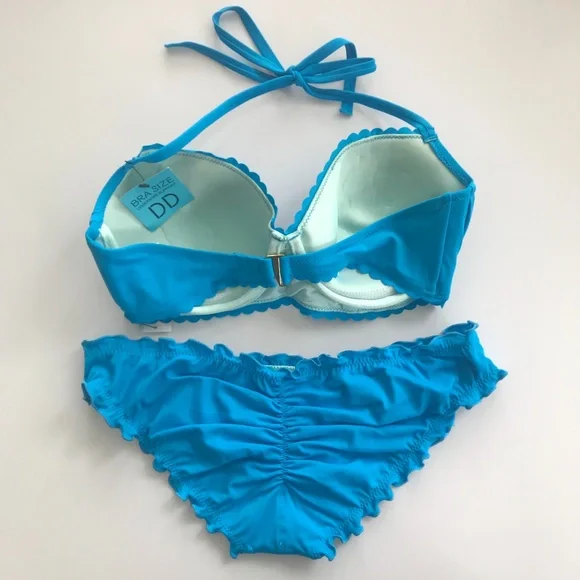 SunDazed 34 DD Bra cup solid turquoise blue underwire top set shirred ruffled - Picture 6 of 11
